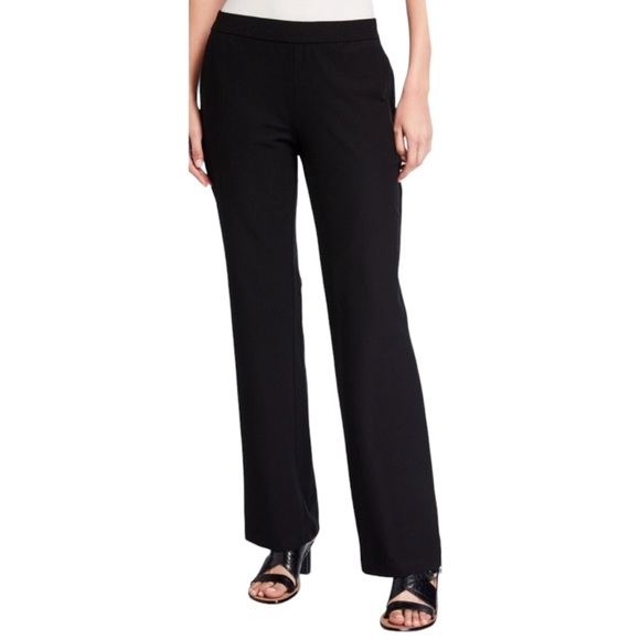 EILEEN FISHER Stretch Crepe Straight Flat Front Elastic Waist Pants Midnight XS